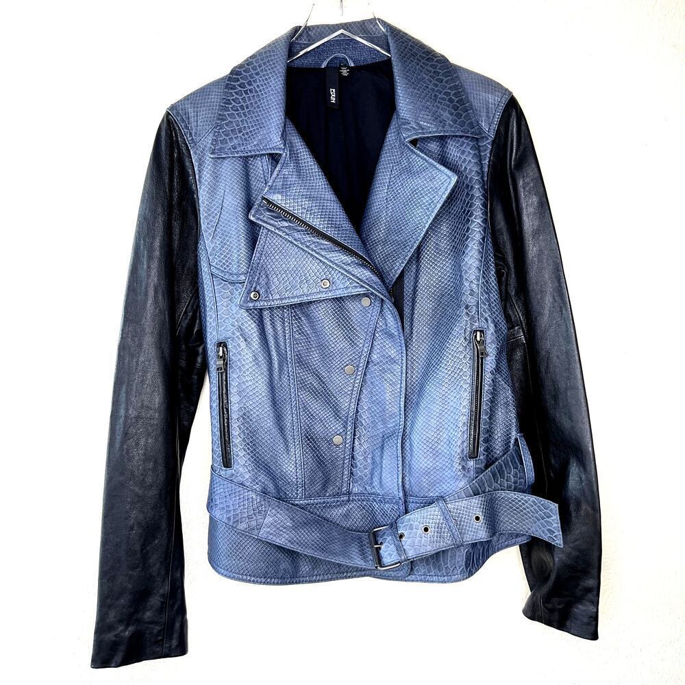 EDUN Motorcycle Leather Jacket Black Blue Belted Moto LARGE Snakeskin Print